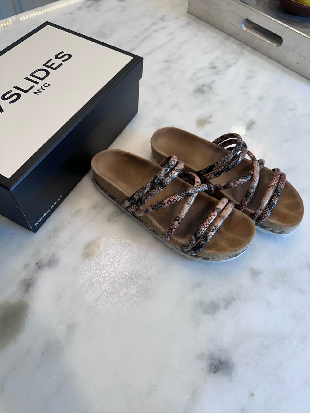 J Slides NYC Multi-Strap Snakeskin Platform Slide Sandals - Brown Multi
